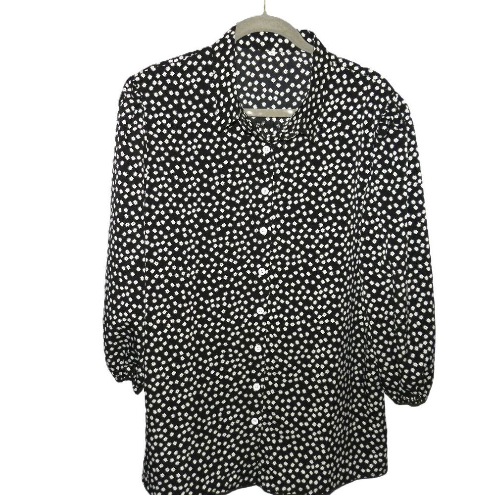 Black & White Print Button down Top Blouse Size XL